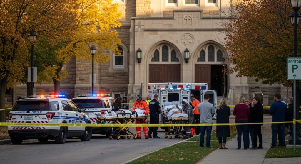 Bahawalpur News Mine Bridge Police and emergency responders at a Minneapolis Catholic school church after a shooting. Yellow crime scene tape surrounds the area, and paramedics attend to injured children and adults. Parents and bystanders stand nearby, showing shock and grief. The church building is visible in the background, with early morning light casting a somber mood.