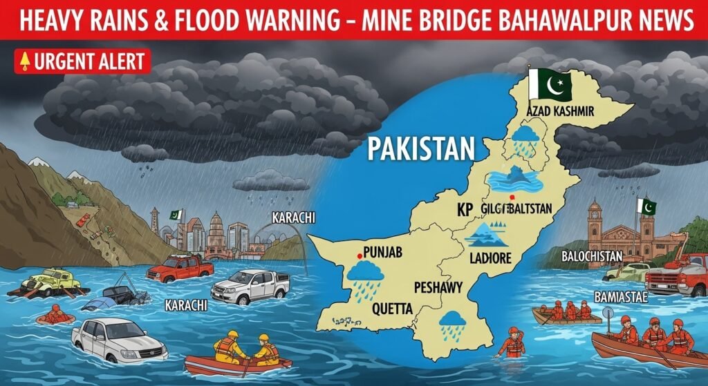 "Heavy monsoon rains and flood alert in Pakistan with storm clouds, flooded streets, rescue teams in boats, and landslide-prone mountain roads. Map of Pakistan in background highlighting Punjab, Sindh, KP, Balochistan, Gilgit-Baltistan, and Azad Kashmir. Weather emergency coverage by Mine Bridge Bahawalpur News."