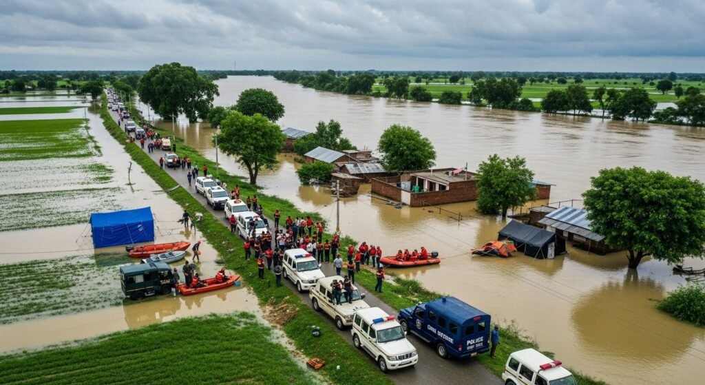 Floodwaters from the River Ravi inundate villages and fields in Punjab, with rescue teams and police assisting evacuated residents. Emergency response vehicles are stationed along the riverbank. Image reported by Bahawalpur News, MineBridge News.