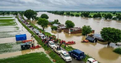 Floodwaters from the River Ravi inundate villages and fields in Punjab, with rescue teams and police assisting evacuated residents. Emergency response vehicles are stationed along the riverbank. Image reported by Bahawalpur News, MineBridge News.